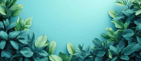 Fototapete - Lush green foliage framing a soft turquoise background evoking tranquility and harmony between nature and serene blue hues.