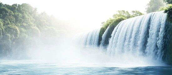 Fototapete - Majestic waterfall cascading down rocky cliffs surrounded by lush greenery with mist rising above blue waters under bright, soft sunlight.