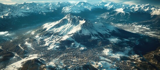 Aufkleber - Snow-covered Mont Blanc mountain landscape from a bird's eye view showcasing the rugged peaks, valleys, and quaint villages in the foreground.