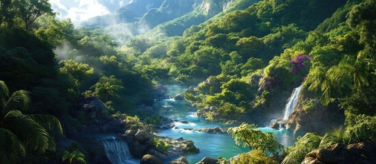 Leinwandbilder - Vibrant green tropical forest with a serene river flowing through a picturesque landscape under bright sunlight showcasing nature's beauty