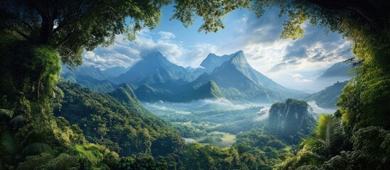 Aufkleber - Majestic mountain landscape under a vibrant sky framed by lush green trees, showcasing a serene natural scene that captivates the viewer.