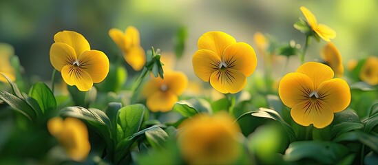 Poster - Vibrant yellow pansy flowers in soft focus, surrounded by lush green leaves, creating a serene garden atmosphere with gentle bokeh background.