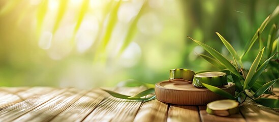 Fototapete - Natural bamboo slices arranged on a wooden surface with lush green bamboo leaves in the background, soft sunlight creating a serene atmosphere.