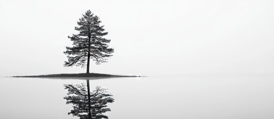 Leinwandbilder - Tall black and white pine tree on a small island reflected in calm water with a minimalistic foggy background highlighting serenity and solitude.