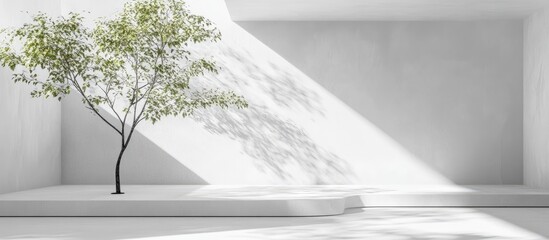 Fototapete - Minimalist interior scene with unfinished white plasterboard wall and a solitary green tree casting shadows in bright natural light.