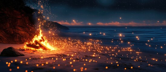 Aufkleber - Luminous bonfire on a moonlit beach with glowing embers cascading into the waves at sunset, surrounded by a dark ocean and distant hills.