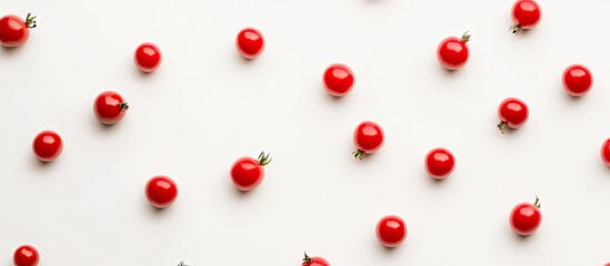 Poster - Vibrant red cherry tomatoes scattered across a clean white backdrop highlighting their fresh color and round shape creating a stunning contrast