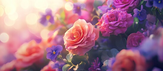 Fototapete - Vibrant pink roses and purple violets in soft focus create a cheerful floral scene with glowing hues and a tranquil atmosphere for cards and notes.
