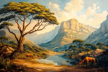 Wall Mural - Scenic landscape with cows grazing near a tranquil river and majestic mountains under a bright blue sky