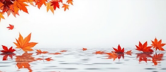Fototapete - Vibrant red and orange maple leaves floating on calm water against a soft white background, evoking the tranquility of the autumn season.