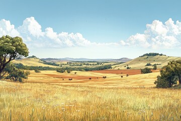 Wall Mural - Vast golden fields with grazing horses under a bright blue sky in a serene rural landscape