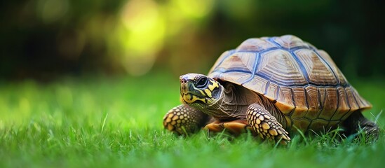 Leinwandbilder - Turtle on green grass background showcasing natural habitat with bright green bokeh lights creating a serene and calming atmosphere