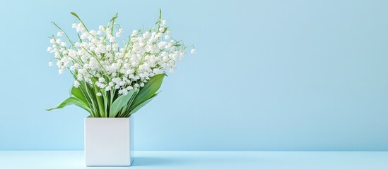 Leinwandbilder - Elegant box of white lily of the valley flowers on a light blue table against a soft blue background with ample space for text on the left.