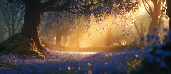 Fototapete - Enchanting bluebell forest at dawn with vibrant purple and pink flowers beneath lush tree canopies illuminated by warm golden sunlight.