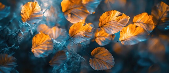 Aufkleber - Autumn beech leaves in vibrant orange scattered on a blurred nature bokeh background with deep blue tones in a panoramic forest scene
