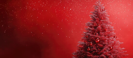Poster - Red and gold decorated Christmas tree on the right side of a bright red background with falling snowflakes creating a festive atmosphere
