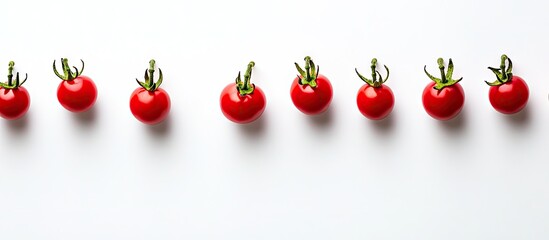 Poster - Bright red cherry tomatoes lined against a clean white backdrop, showcasing their vibrant color and glossy texture in a minimalist arrangement.