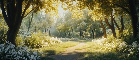 Leinwandbilder - Serene spring forest with vibrant green trees and sunlight filtering through the foliage, framing a peaceful winding path amidst blooming white flowers.