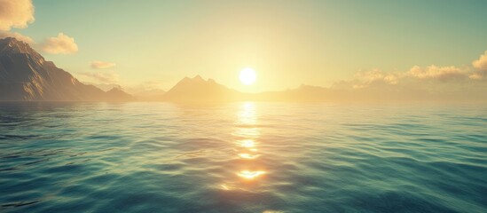 Fototapete - Serene sunrise over a calm ocean with warm golden sunlight reflecting on tranquil water and soft clouds in the sky, creating a vibrant atmosphere.