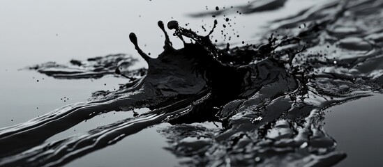 Poster - Serene grayscale abstract featuring dynamic black paint splashes against a water-like surface, creating a calming and artistic visual experience.