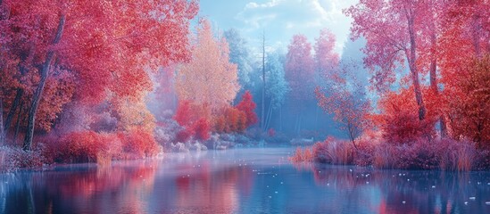 Leinwandbilder - Serene landscape with vibrant pink and orange trees reflecting on a tranquil blue lake under a soft, misty sky in a peaceful setting.