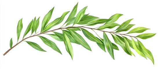 Aufkleber - Fresh green elm tree leaves on a long branch, positioned diagonally from the bottom left to the top right against a clean white background.