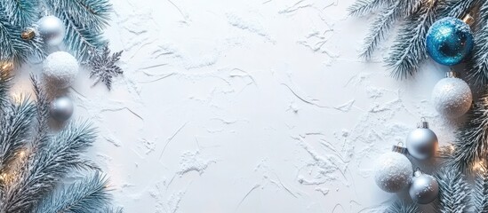 Poster - Winter holiday background featuring blue and white ornaments with silver pine branches and soft white textures creating a festive atmosphere.