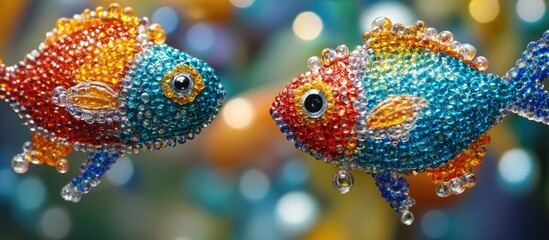 Leinwandbilder - Colorful beaded fish with vibrant red and blue hues swimming against a blurred multicolored background of beads in soft focus creating an artistic display.