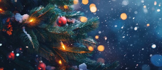Aufkleber - Festive Christmas tree adorned with red baubles and warm lights against a dark blue snowy background, capturing a magical winter night scene.