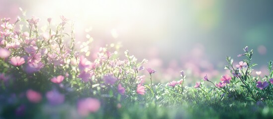 Poster - Blooming flowers in soft pink and purple hues scattered across a lush green meadow under bright sunlight with a gentle bokeh background effect
