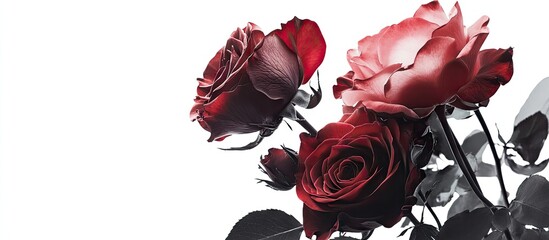 Aufkleber - Elegant deep red and soft pink roses in full bloom on a white background with green leaves positioned on the left side creating a striking contrast