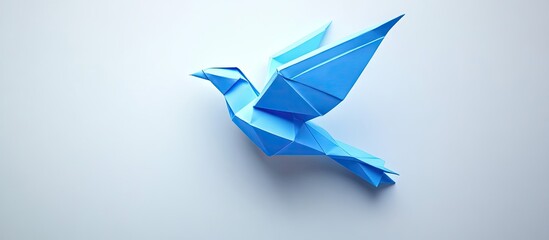 Poster - Origami dove in vibrant blue against a soft white background with wings spread wide, showcasing intricate folds and smooth texture.