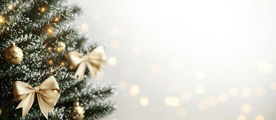 Poster - Festively decorated Christmas tree adorned with golden bows and warm white lights against a soft blurred bokeh background.