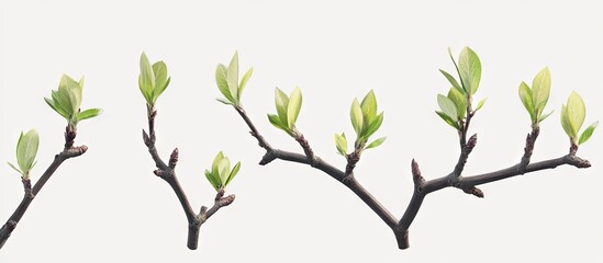 Leinwandbilder - Spring tree branches with fresh green buds and leaves on dark brown stems against a light gray background, symbolizing new growth and renewal.