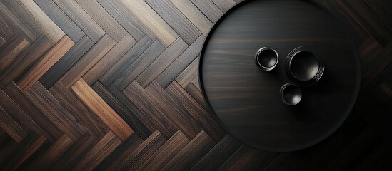 Aufkleber - Dark wooden table with a circular top positioned centrally on a textured parquet wood floor featuring rich brown tones in a high quality vector graphic.
