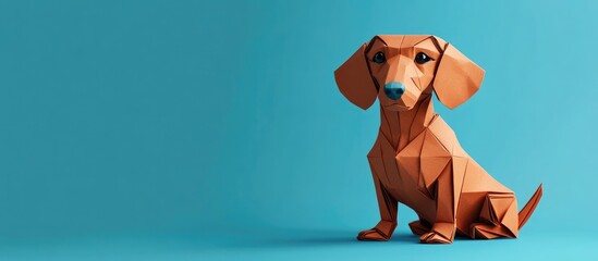 Poster - Cartoon origami dachshund dog in warm orange shades sits against a vibrant turquoise background, showcasing geometric shape and playful design.