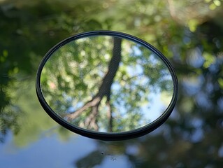 Circular mirror reflecting trees, outdoors, nature background; website banner