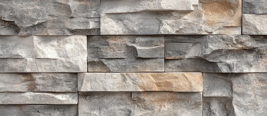Poster - Textured gray stone wall with varying shapes and shades, showcasing a rough uneven surface, featuring soft beige accents, horizontally arranged stones.