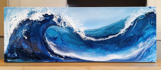 Fototapete - Vivid abstract wave artwork in rich blue tones displayed on a wide canvas, showcasing intricate alcohol ink techniques and dynamic fluid patterns.
