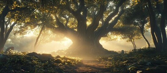 Fototapete - Majestic ancient beech tree bathed in golden sunlight surrounded by lush green foliage with soft mist creating a serene forest pathway.