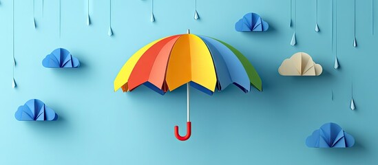 Poster - Colorful origami umbrella in red yellow and blue on blue background with paper clouds and raindrops creating artistic handmade decoration elements