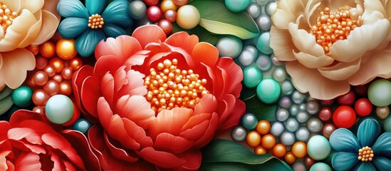 Leinwandbilder - Vibrant peonies in red, cream, and blue surrounded by an array of colorful beads in pastel shades, creating a rich needlework backdrop.