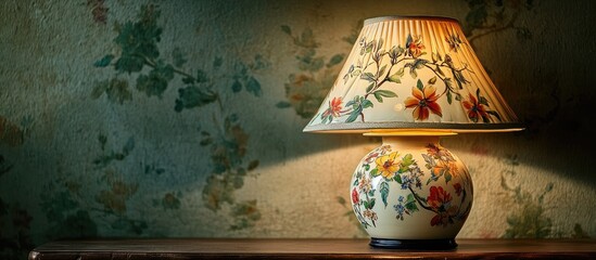 Leinwandbilder - Whimsical floral lamp with a patterned shade casting warm light, positioned on a wooden table against a vintage textured wallpaper backdrop.