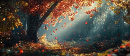 Leinwandbilder - Vibrant autumn forest scene with sun rays filtering through colorful leaves and tree branches creating a magical atmosphere in the wilderness