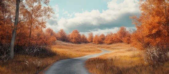 Aufkleber - Winding path through a vibrant golden forest with autumn foliage under a bright blue sky and fluffy white clouds in a serene landscape scene