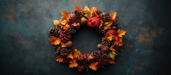 Poster - Autumn foliage wreath mockup featuring vibrant oranges and reds on a dark textured background, ideal for seasonal decorations and banners.
