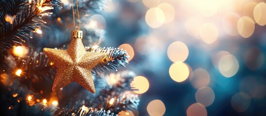 Poster - Golden star ornament hanging on a blue Christmas tree with soft bokeh lights creating a festive, warm atmosphere in the background.
