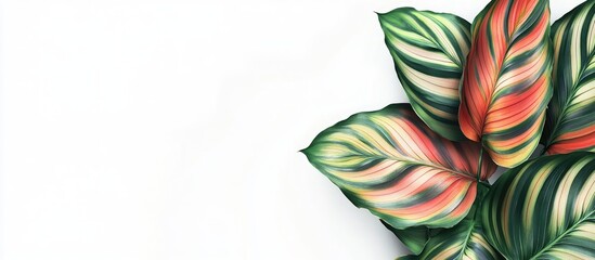 Poster - Colorful Calathea leaves with green, red, and yellow stripes arranged on the left against a white background showcasing tropical exotic foliage.