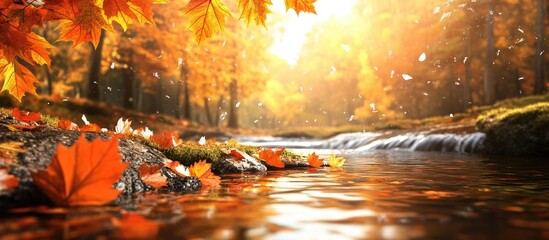 Leinwandbilder - Serene autumn landscape with vibrant orange leaves reflecting in tranquil river, soft sunlight illuminating background forest setting.