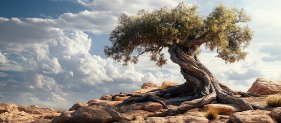 Fototapete - Majestic ancient tree with twisted trunk standing on rocky terrain under a blue sky with fluffy white clouds, capturing nature's resilience.